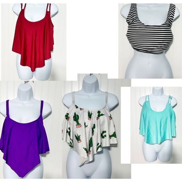 RoseGal Flounce Bikini Top Bundle 5 Tops Striped Cactus Red Turquoise Purple 1X - Picture 1 of 16